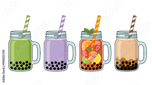 Assorted vibrant bubble tea and refreshing fruit drinks in mason jars with striped straws flat vector illustration.