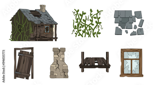 Abandoned rustic wooden shack with crumbling roof broken window and climbing green vines.