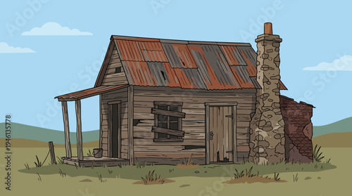 Weathered wooden cabin illustration with rusty corrugated roof boarded window and crumbling stone chimney.