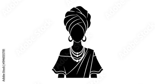 Silhouette A minimalist black silhouette illustration of a woman wearing traditional African attire and jewelry