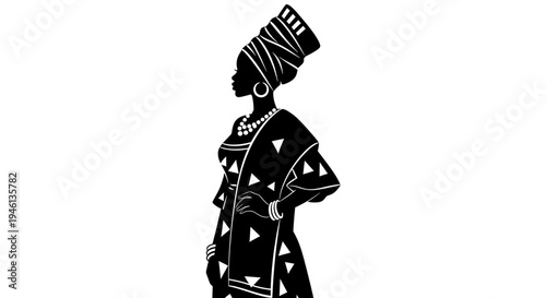 Silhouette A black silhouette illustration of a woman wearing traditional African clothing and accessories