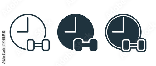 Gym Time Icon with Clock and Dumbbell, Weight Lifting Workout Schedule. Vector Illustration