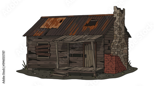 Weathered wooden shack with rusty corrugated roof stone chimney and boarded windows cartoon illustration.