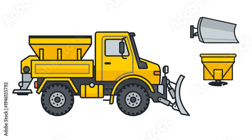 Vibrant yellow snowplow truck with front snow blade and rear salt spreader detailed vector illustration.