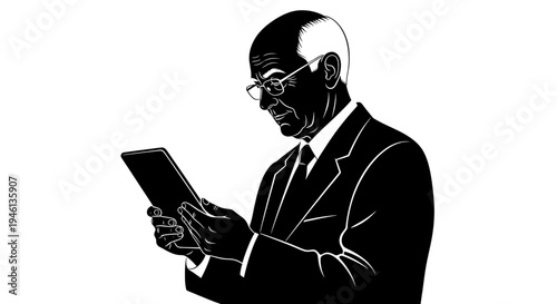 Silhouette A minimalist vector illustration of a senior businessman in a suit using a tablet