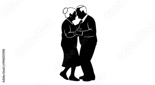 Silhouette A black silhouette of an elderly couple dancing and kissing each other on a white background
