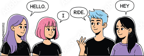 Cartoon illustration of four friends greeting each other