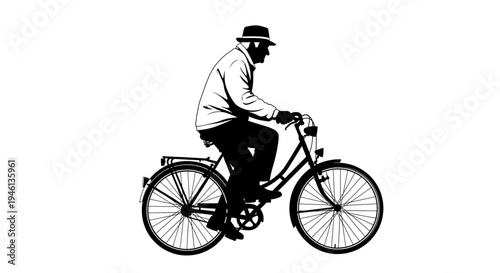 Silhouette A minimalist vector illustration of a man riding a bicycle in a simple black and white design