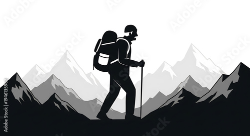 Silhouette A hiker with a backpack and trekking poles stands in front of a mountain range in a minimalist vector graphic illustration.