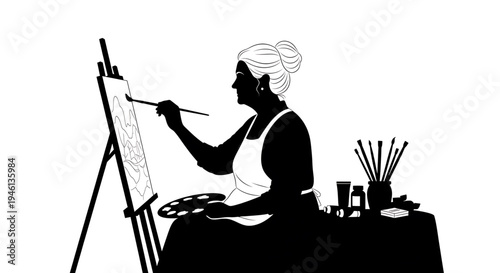 Silhouette A black silhouette of a woman painting on an easel with art supplies