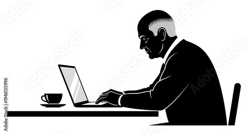 Silhouette A silhouette of a businessman working on his laptop at a desk with a cup of coffee