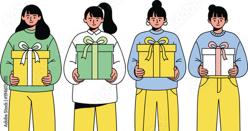 Four women holding wrapped gifts in various colors and styles