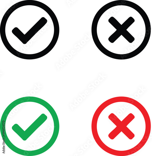 Black green red check marks and cross symbols in circles