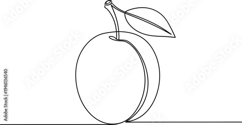 A minimalist line drawing of a peach with a leaf on top