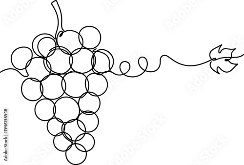 A black and white line drawing of a bunch of grapes on vine