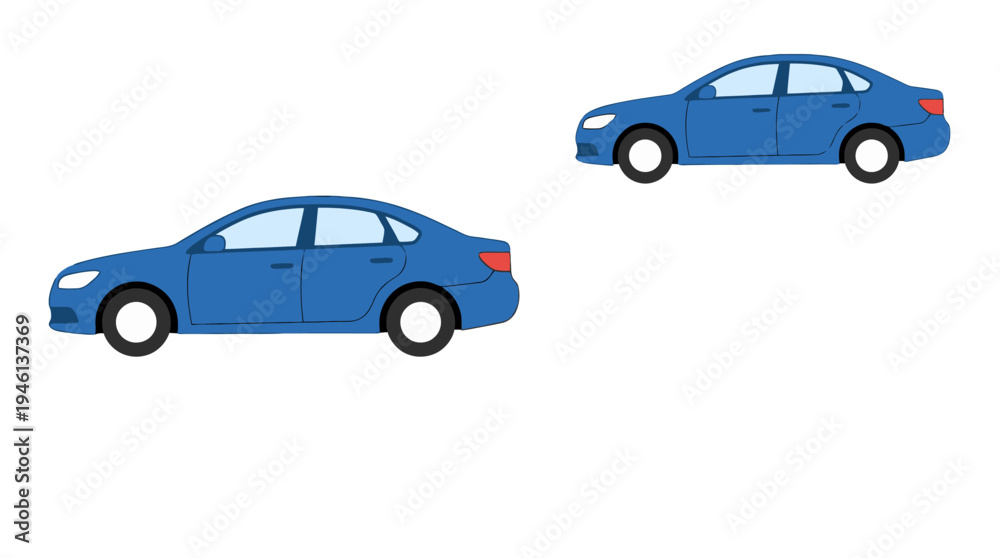 Fototapeta premium Simple blue sedan car illustration flat design featuring light blue windows and white wheel rims.