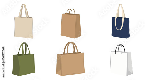 Vector illustration of diverse shopping bags canvas totes brown kraft white paper various handles.