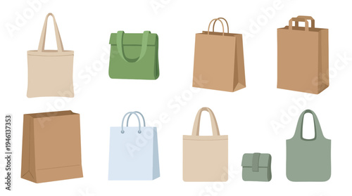 Variety of ecofriendly shopping bags beige canvas totes brown paper bags with handles and green reusable fabric designs.
