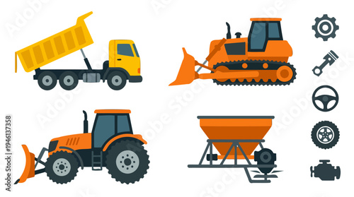 Stylized Flat Design Construction and Farm Equipment Vector Icons Collection.