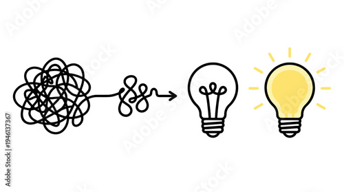 Tangled black line evolving into a clear bright glowing yellow lightbulb idea.