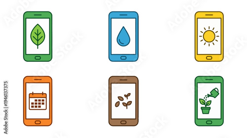 Six vibrant flat design smartphone icons with plant care symbols leaf water sun calendar seeds watering can.