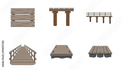 Rustic Wooden Docks Piers and Rafts Vector Set in Flat Cartoon Style featuring weathered planks and structural details.