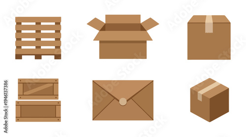 Set of brown cardboard shipping boxes wooden pallet and crates in a clean flat vector illustration style.