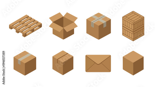 Isometric brown packaging and shipping icons set featuring cardboard boxes wooden pallet crate and envelope.