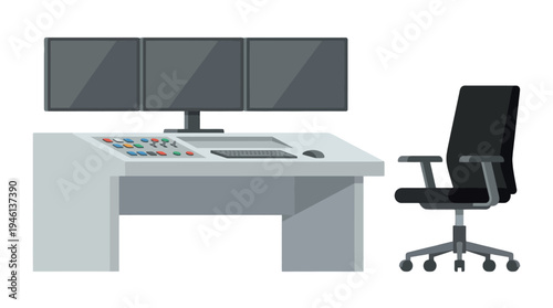 Modern Control Room Desk with Triple Monitors Keyboard Mouse and Ergonomic Office Chair Illustration.