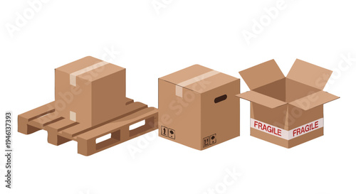 Isometric brown cardboard boxes one on a wooden pallet one with shipping symbols and an open fragile box.