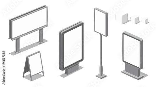 Isometric blank advertising signs set billboard street signs Aframe and cubes in grey and white.