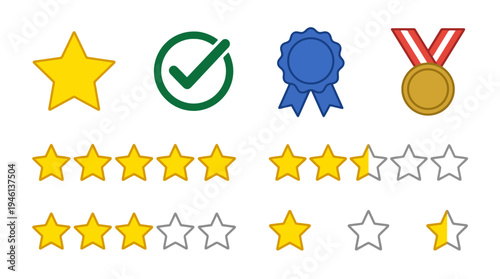 Colorful vector icons set for rating review and achievement featuring stars checkmark medal and ribbon.