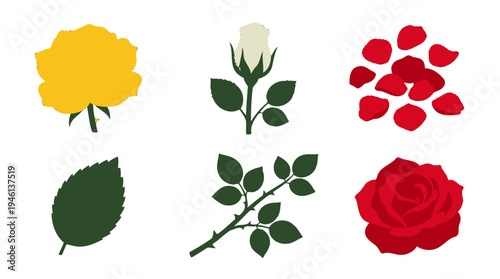 Colorful flat graphic rose elements set yellow bloom white bud red petals green leaves thorny stem red flower.