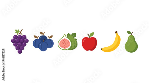Colorful flat design fruit icons grapes plums figs apple banana pear showcasing fresh healthy produce.