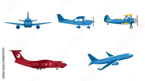 Collection of five stylized airplane illustrations commercial jets biplane and propeller aircraft in various poses.