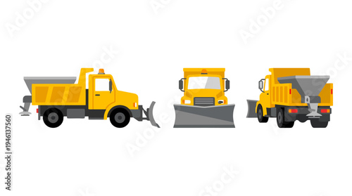 Bright yellow flat design snow plow truck with salt spreader depicted in multiple views.