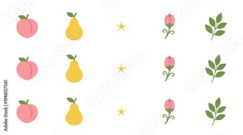 Charming flat vector icons pink peaches yellow pears white blossoms pink buds and green leaves.