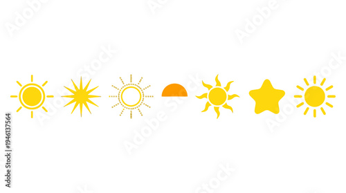 Vibrant yellow and orange sun and star icons set featuring diverse ray patterns and a distinct sunrise symbol.