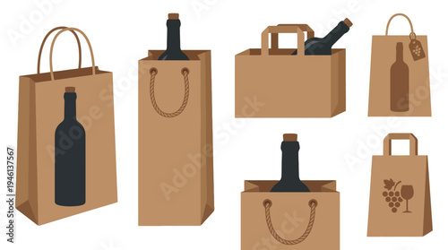 Assortment of brown paper wine bags some with dark bottles corks rope handles and grape illustrations.