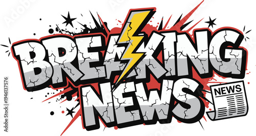 Graffiti Style Breaking News Typography Illustration with Bold Cracked Letters and Splash Background, Creative News Banner for YouTube Thumbnails, Magazines, and Urban Content.
