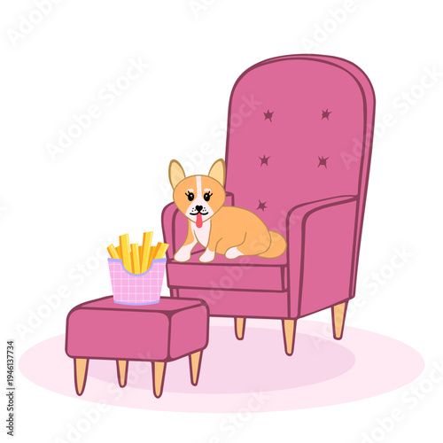 Corgi dog with french fries on armchair. Vector Illustration for printing, backgrounds, covers and packaging. Image can be used for greeting cards, posters and textile. Isolated on white background.