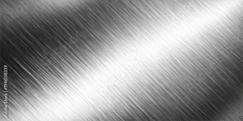 A polished silver stainless steel plate features a brushed metal texture with a shiny metallic surface and industrial gray reflection on a textured aluminum backdrop pattern