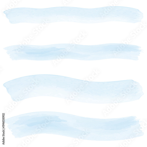 青い水彩ブラシストロークのセクション区切りセット、手描き水彩テクスチャの横長バナー背景素材。爽やかな水色の水彩ラインとセクション区切り素材。