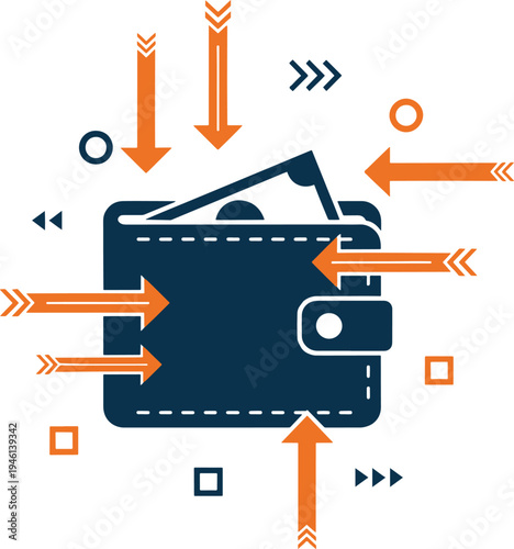 Wallet with money and arrows indicating financial inflows and outflows