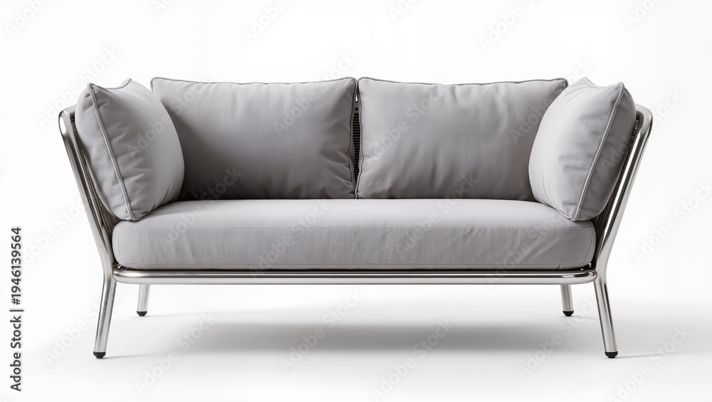 Naklejka premium Modern designer sofa with metal frame and soft cushions isolated on white background, contemporary luxury seating furniture.