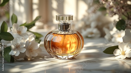 Luxury perfume bottle displayed with white flowers on marble surface