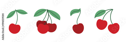 Cherry fruit set with different red sweet cherries and green leaves. Fresh summer berry collection with single cherry and cherry pair. Simple flat vector illustration isolated on white background.