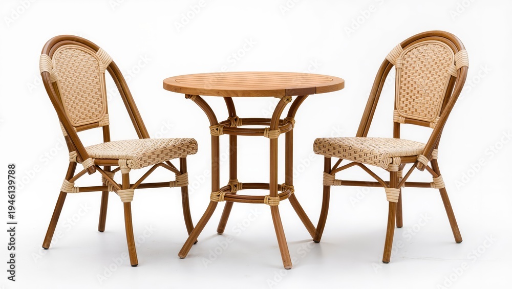 Fototapeta premium Small round wooden bistro table with two chairs isolated on white background, stylish cafe style furniture set ideal for dining, terrace or kitchen seating.