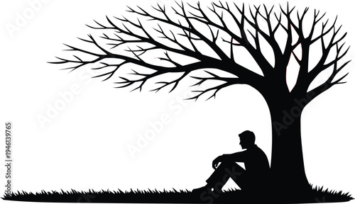 A solitary figure sits beneath a bare tree lost in thought