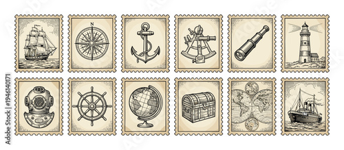 Set of vintage nautical postage stamps showing a sailing ship, anchor, compass, globe, and lighthouse in a detailed, hand-drawn retro engraving illustration style